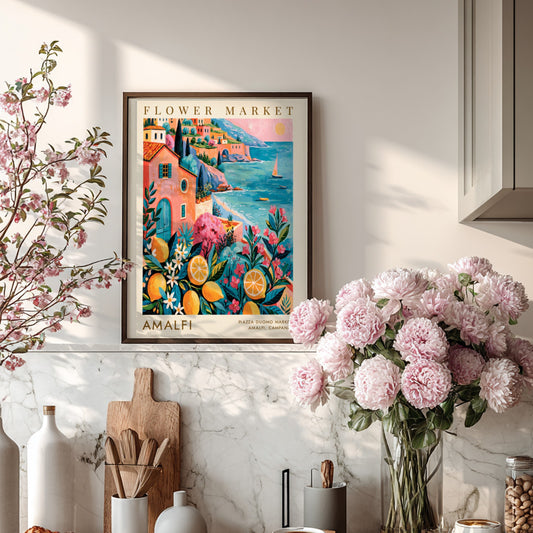 Flower market poster featuring Amalfi coastal scene with bright colors and floral elements