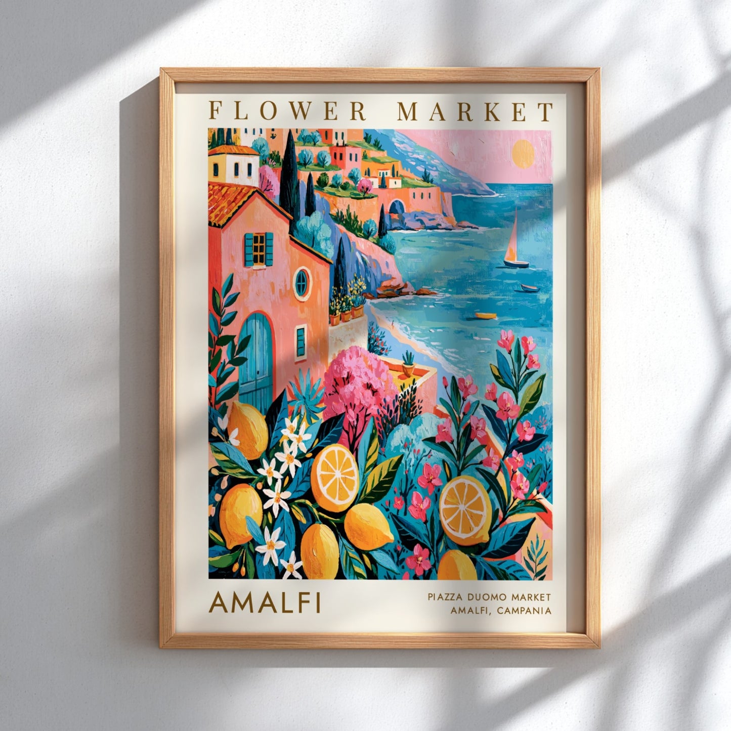 Flower market poster featuring Amalfi coastal scene with bright colors and floral elements