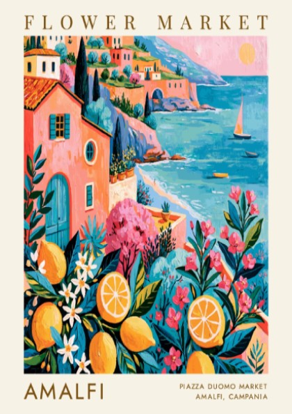 Flower market poster featuring Amalfi coastal scene with bright colors and floral elements