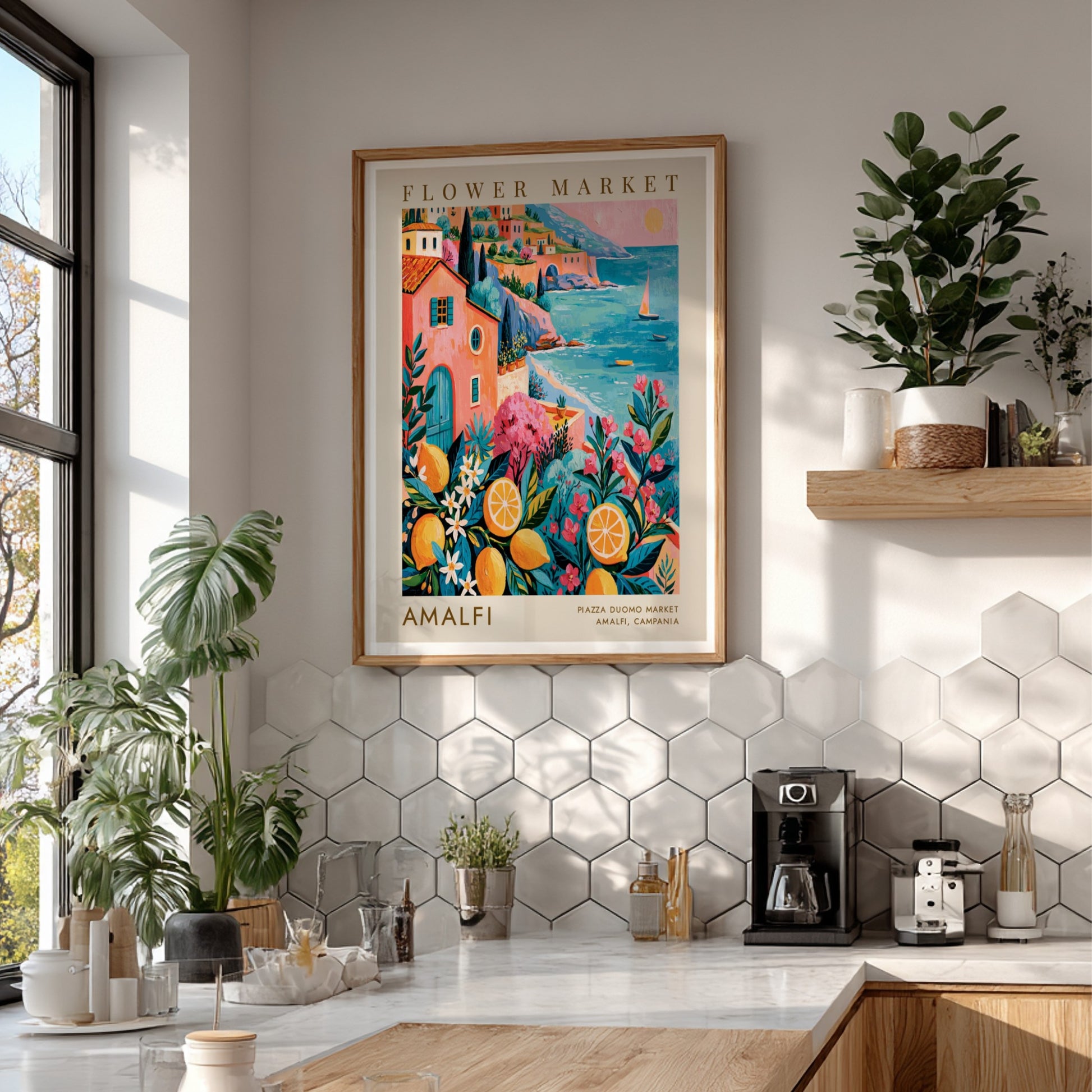 Flower market poster featuring Amalfi coastal scene with bright colors and floral elements