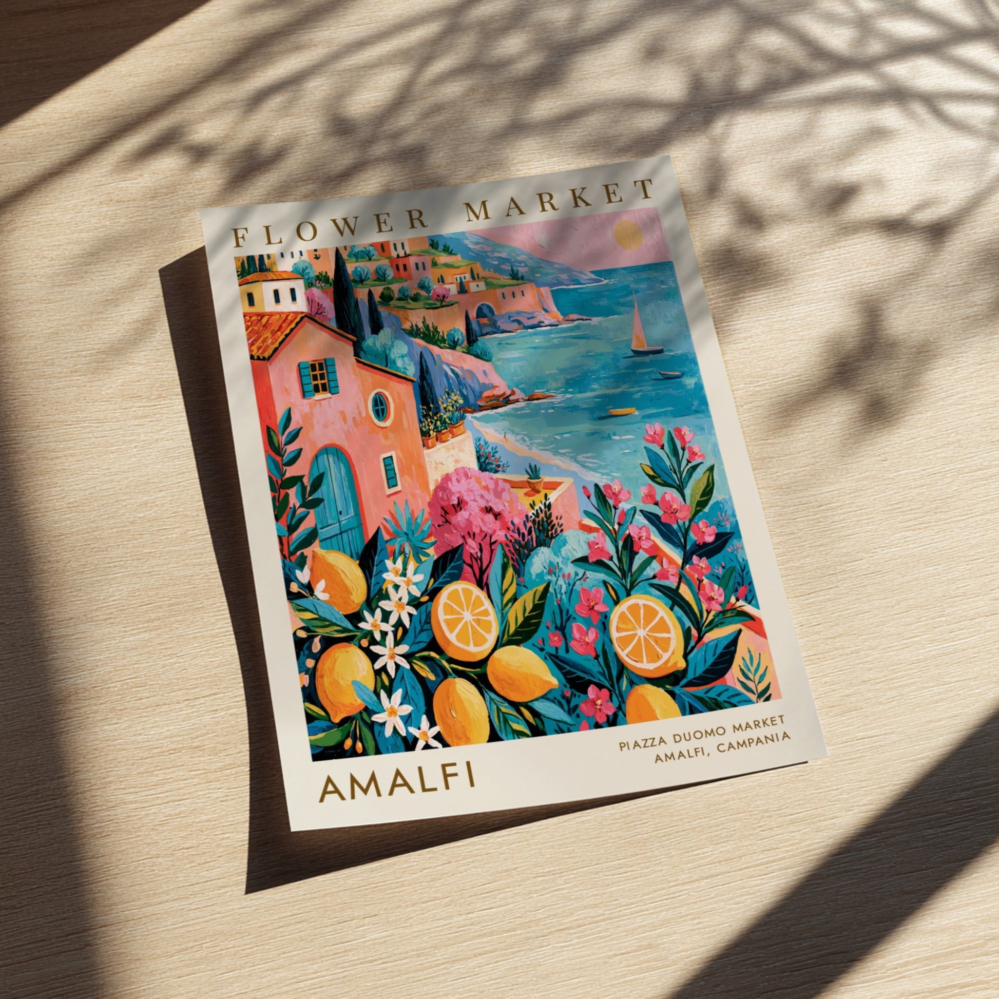 Flower market poster featuring Amalfi coastal scene with bright colors and floral elements
