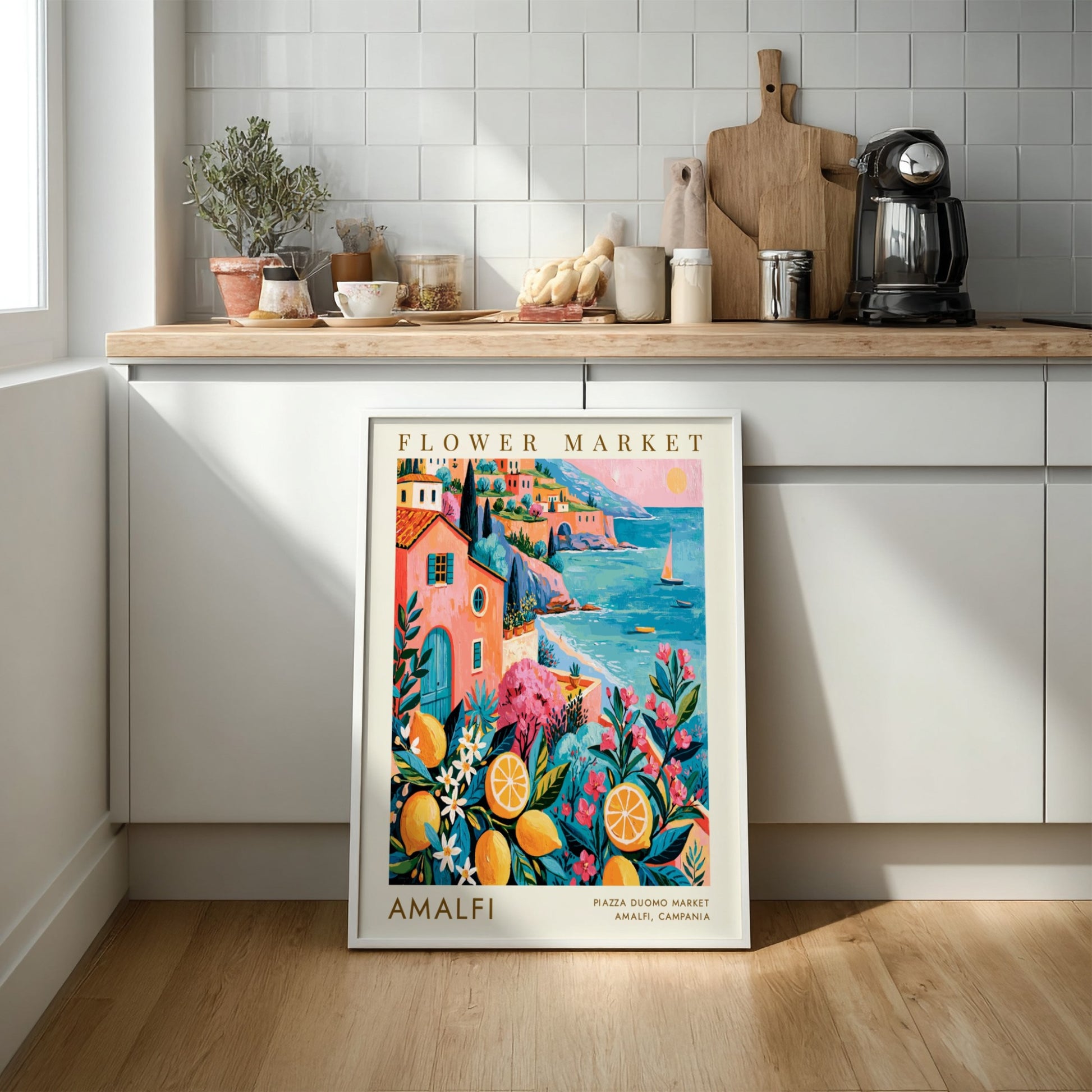 Flower market poster featuring Amalfi coastal scene with bright colors and floral elements