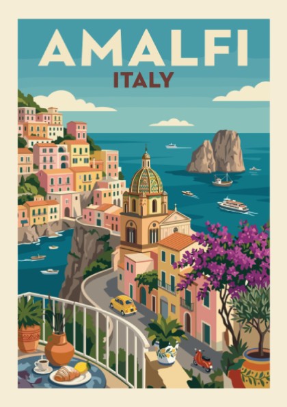 Amalfi Coast vintage travel poster featuring colourful Italian buildings and the sea.