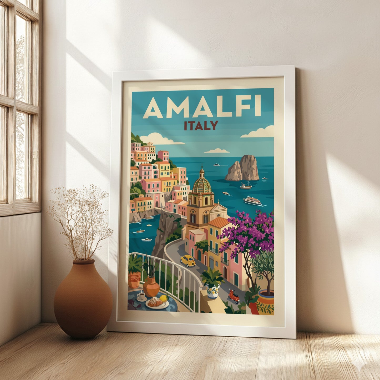 Amalfi Coast vintage travel poster featuring colourful Italian buildings and the sea.