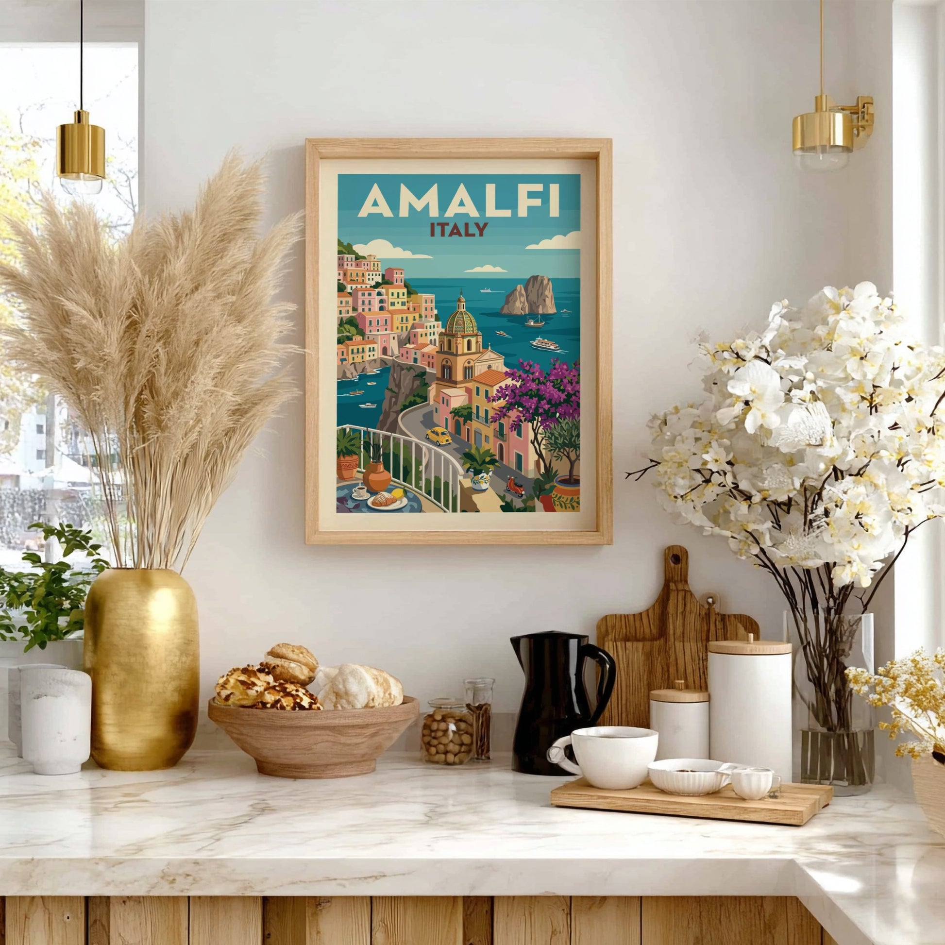 Amalfi Coast vintage travel poster featuring colourful Italian buildings and the sea.