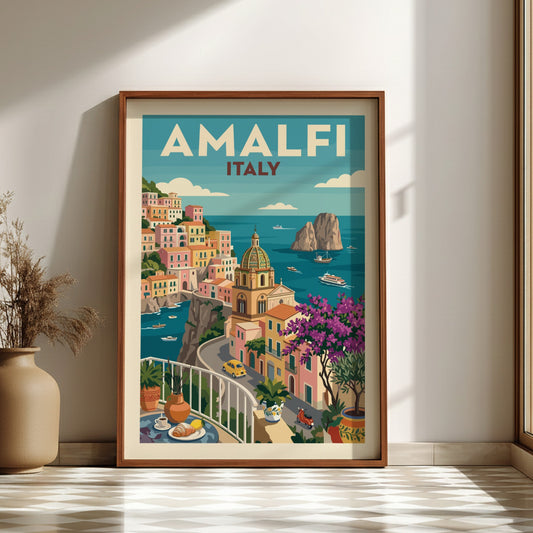 Amalfi Coast vintage travel poster featuring colourful Italian buildings and the sea.