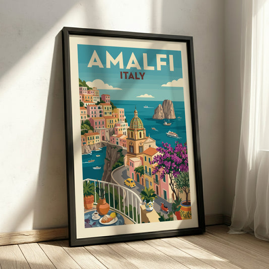 Amalfi Coast vintage travel poster featuring colourful Italian buildings and the sea.