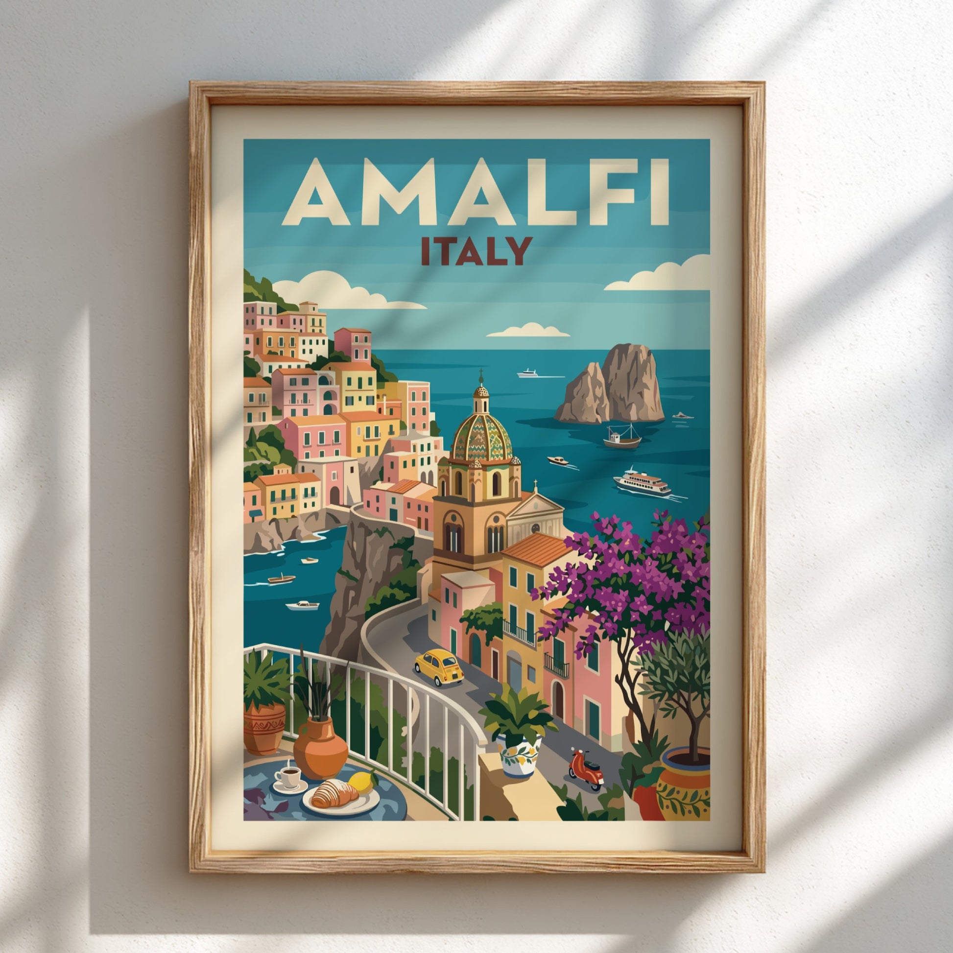 Amalfi Coast vintage travel poster featuring colourful Italian buildings and the sea.