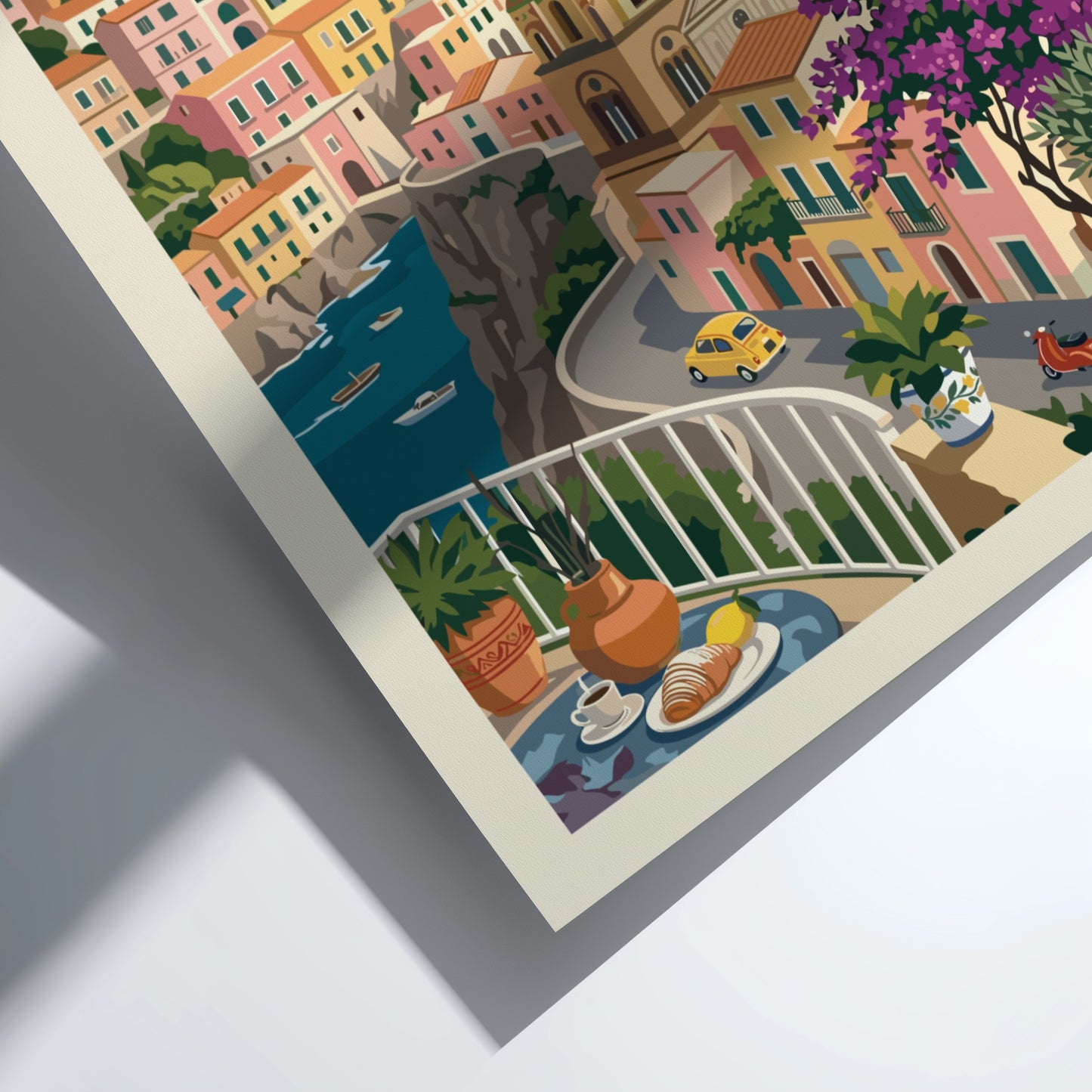 Amalfi Coast vintage travel poster featuring colourful Italian buildings and the sea.