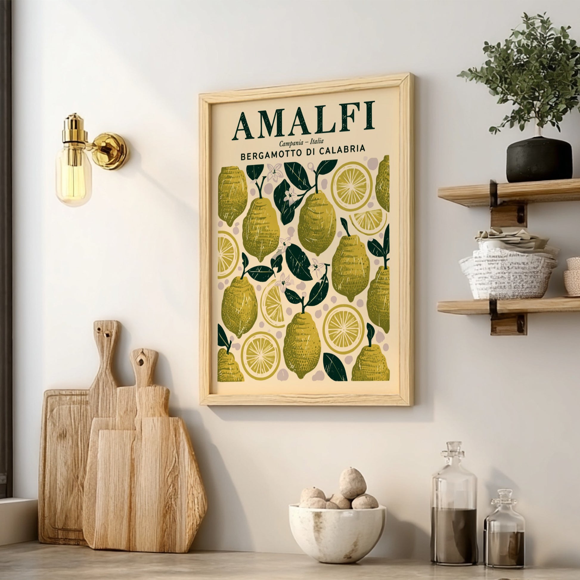 Bergamot kitchen poster featuring green lemons and yellow slices, vintage style, perfect for kitchen decor.