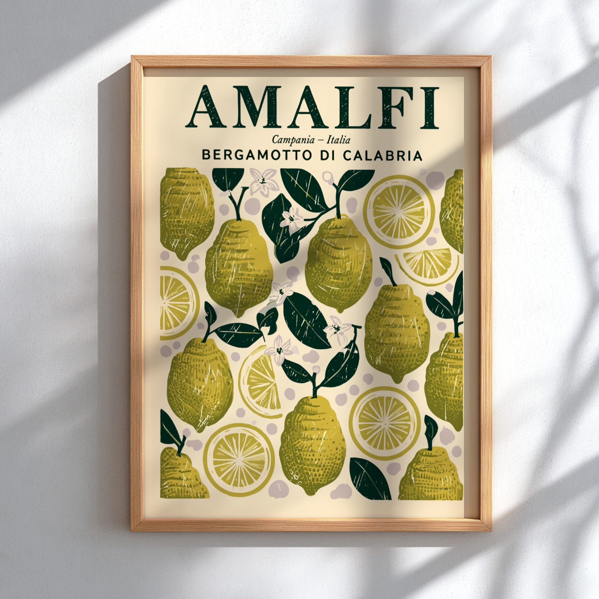 Bergamot kitchen poster featuring green lemons and yellow slices, vintage style, perfect for kitchen decor.