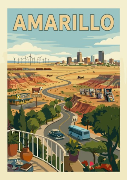 Amarillo poster featuring a retro road trip scene with vintage cars, Route 66, and windmills.