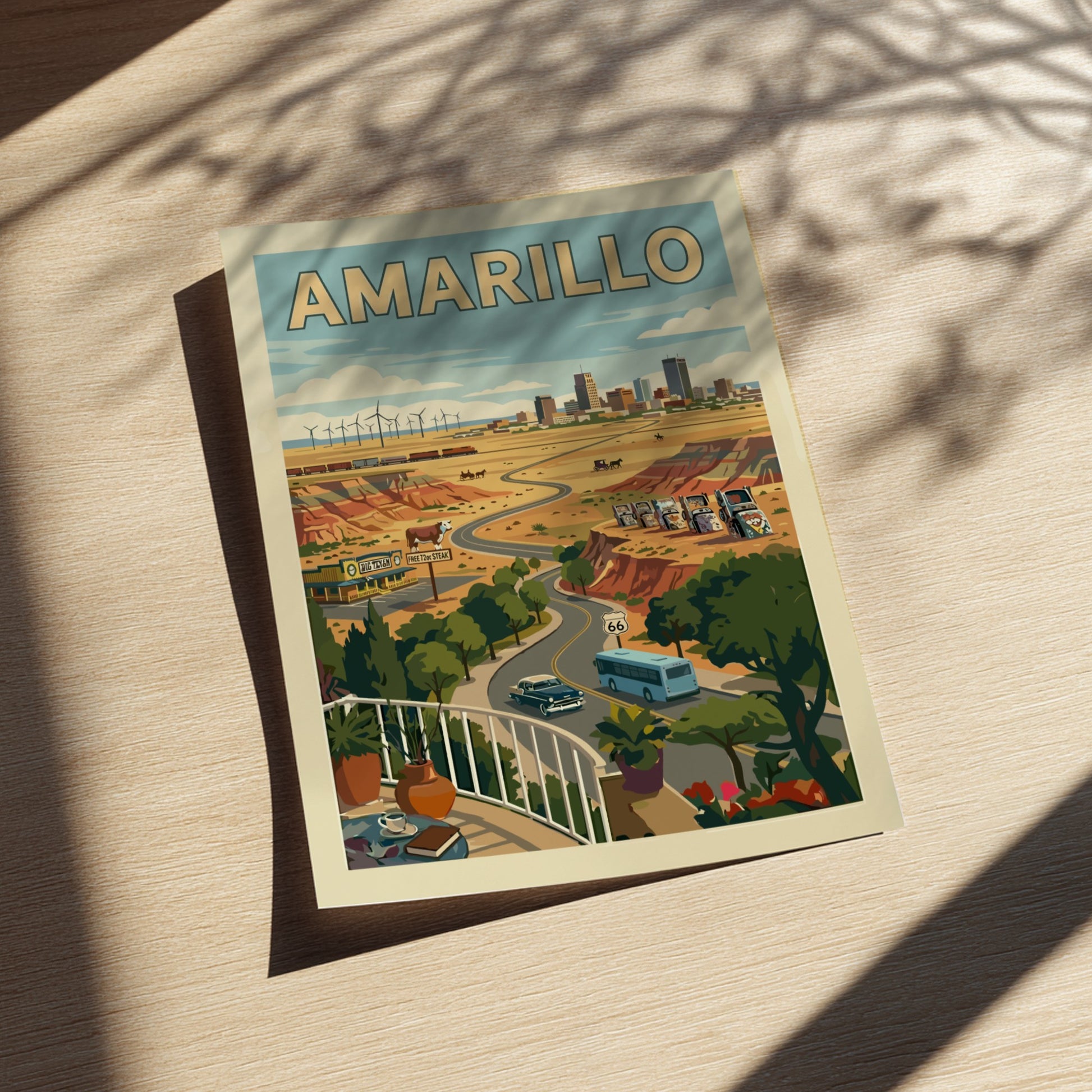 Amarillo poster featuring a retro road trip scene with vintage cars, Route 66, and windmills.