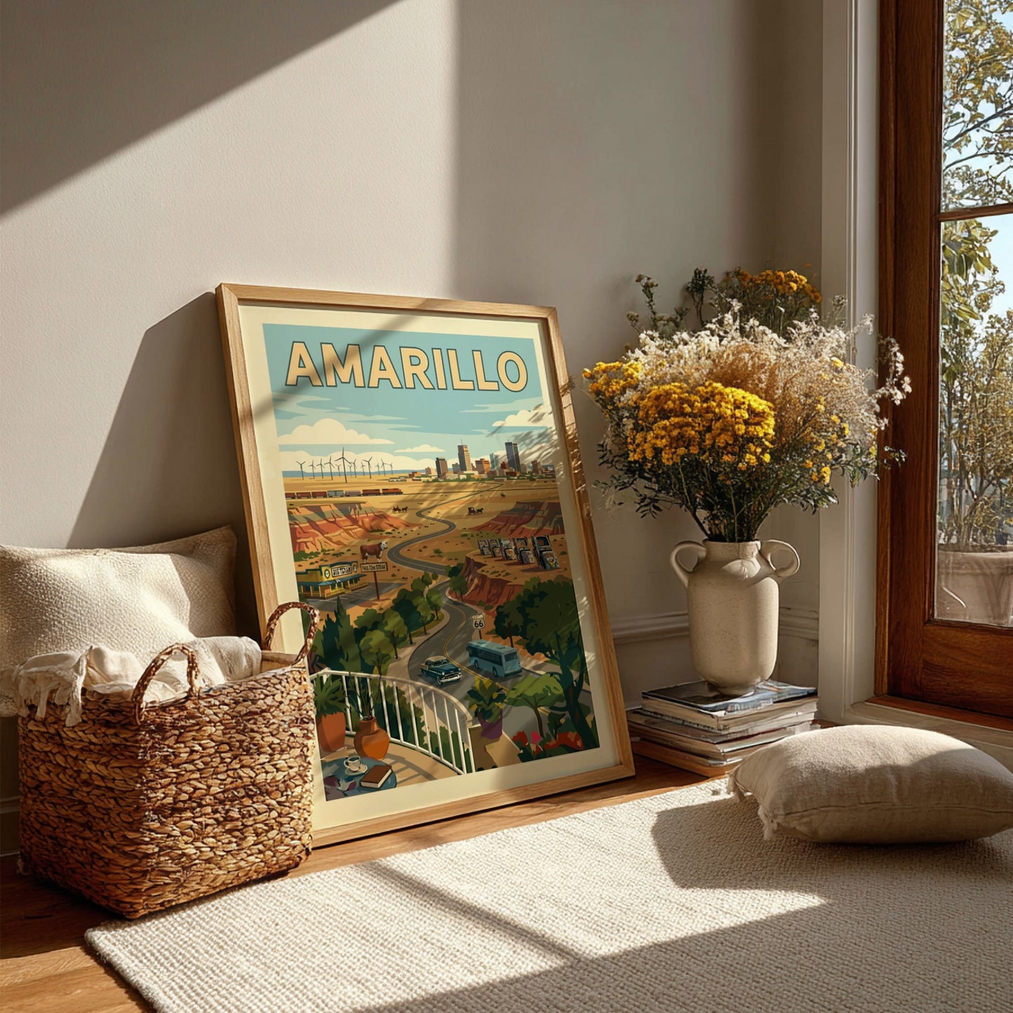 Amarillo poster featuring a retro road trip scene with vintage cars, Route 66, and windmills.