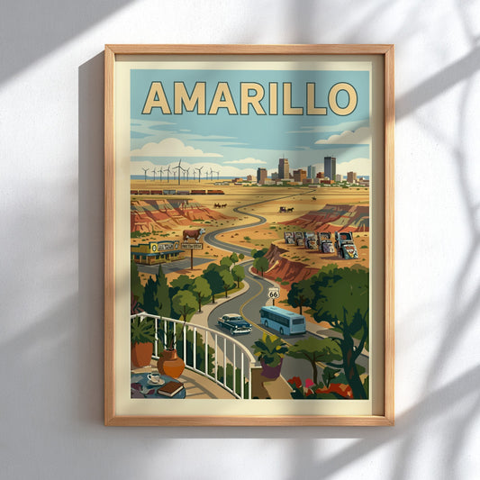 Amarillo poster featuring a retro road trip scene with vintage cars, Route 66, and windmills.