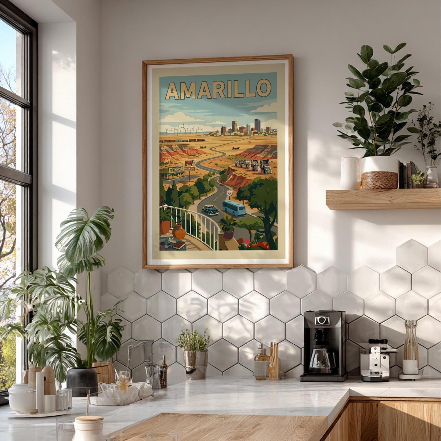 Amarillo poster featuring a retro road trip scene with vintage cars, Route 66, and windmills.