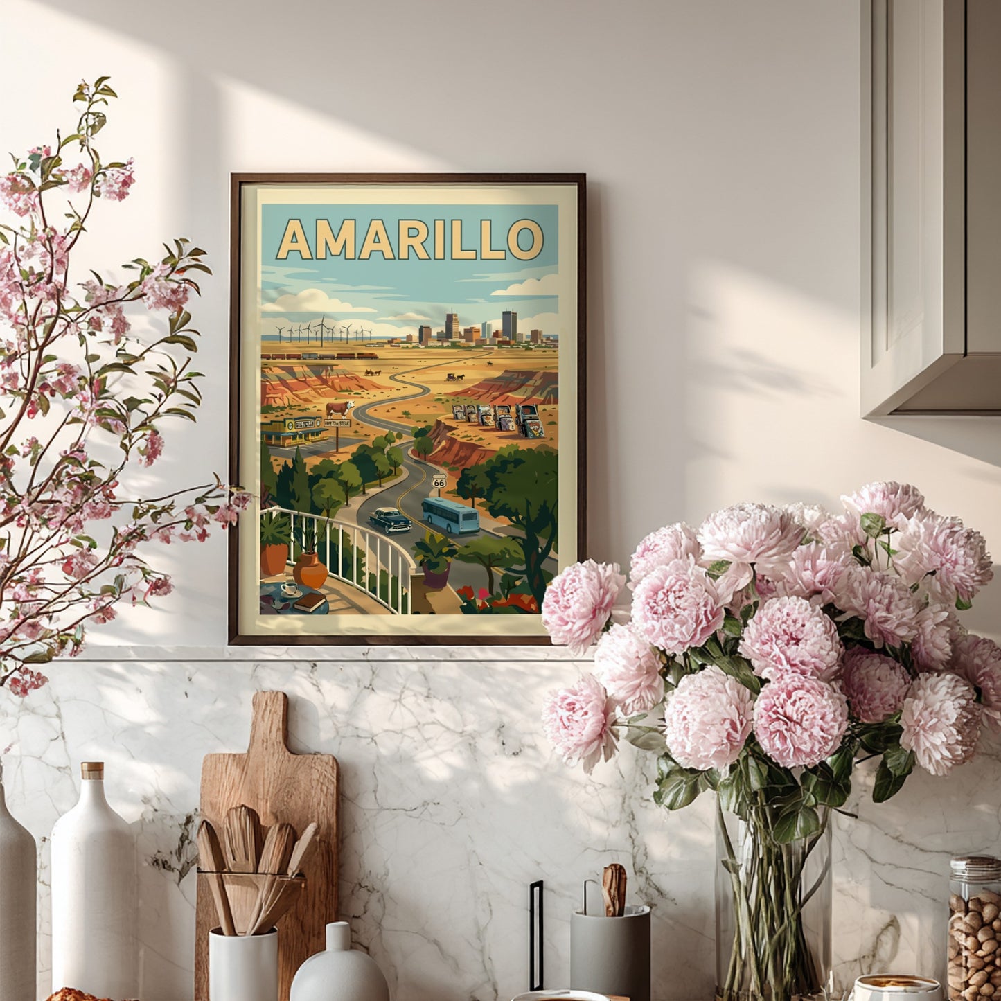 Amarillo poster featuring a retro road trip scene with vintage cars, Route 66, and windmills.