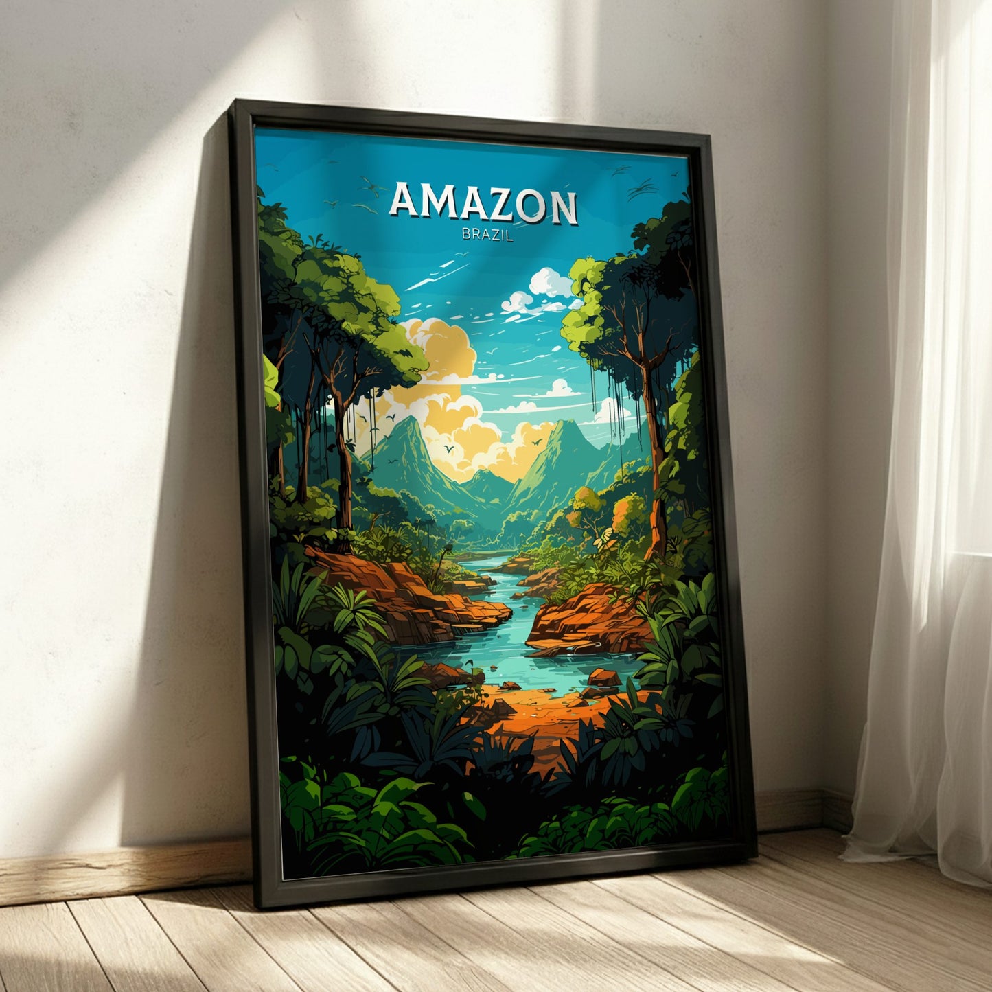 Amazon Brazil Travel Poster on a black wooden frame