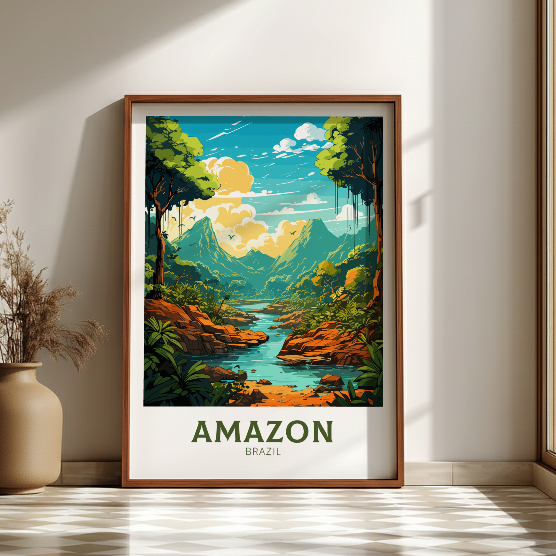 Framed poster of the Amazon rainforest on a wall with a vase and plant.