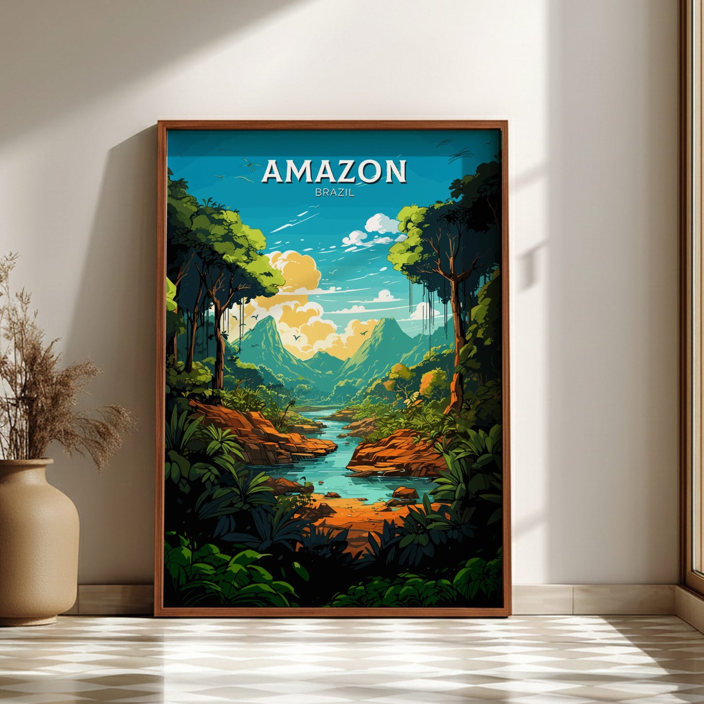 Amazon Brazil Travel Poster on a dark wooden frame