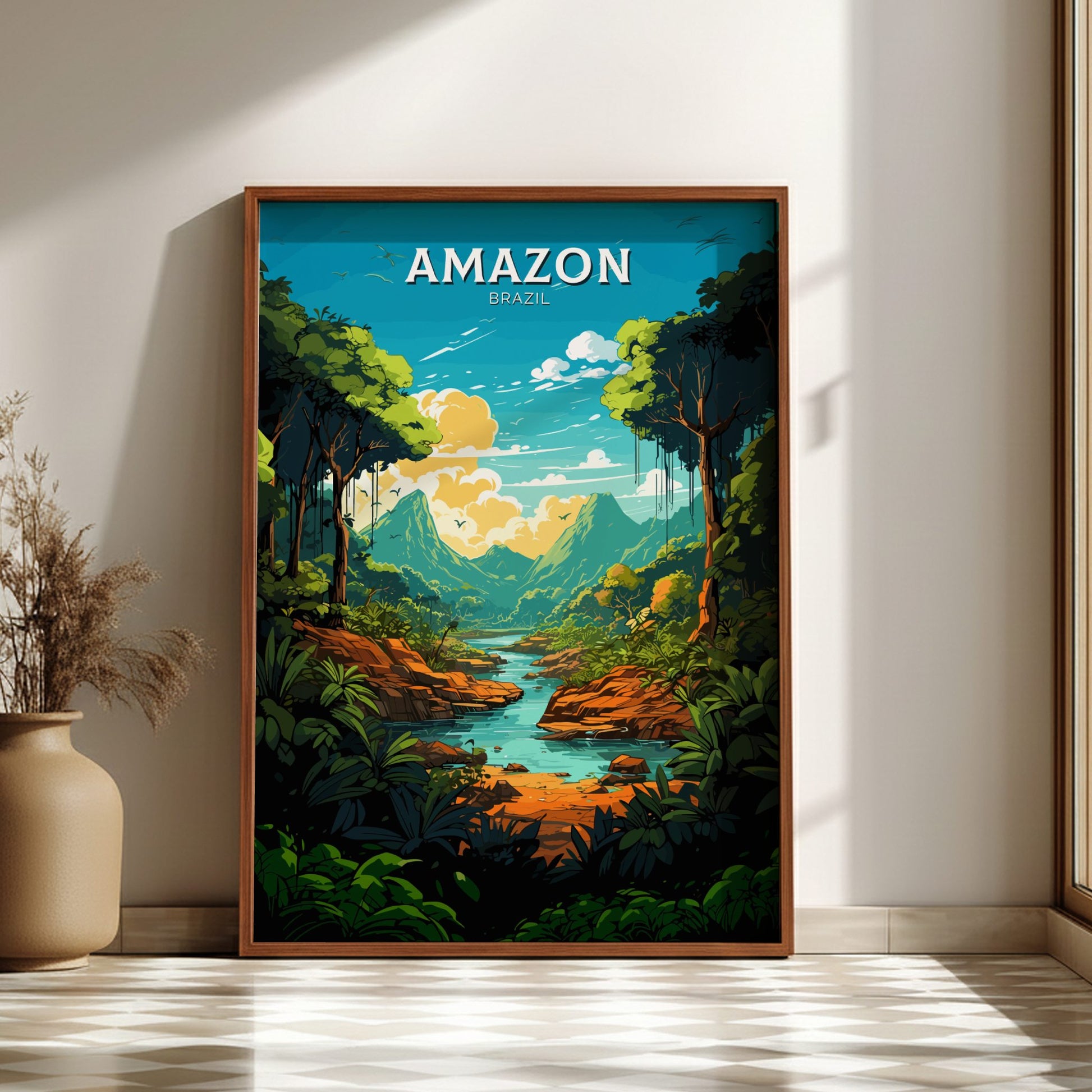 Amazon Brazil Travel Poster on a dark wooden frame