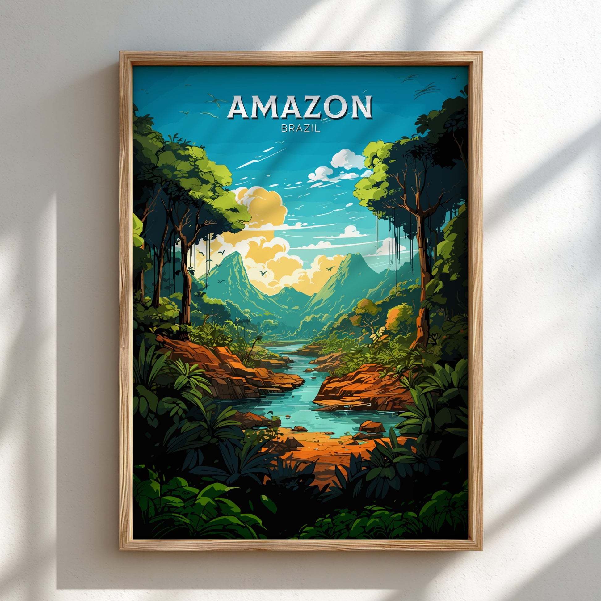 Amazon Brazil Travel Poster on a light wooden frame
