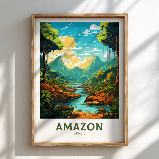 Framed artwork of the Amazon rainforest with a river and mountains on a white wall.