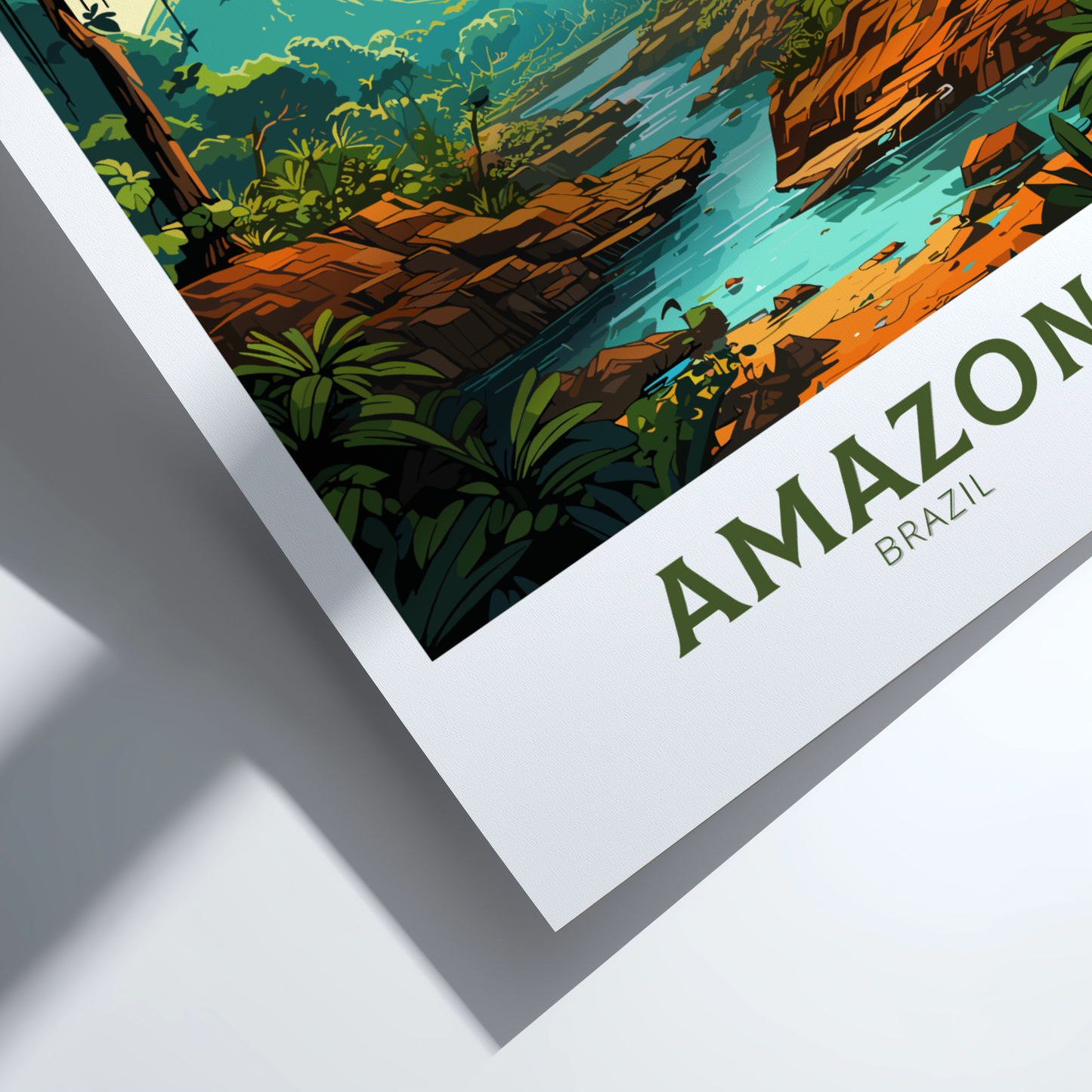 Framed artwork of the Amazon River with lush greenery and 'Amazon Brazil' text.