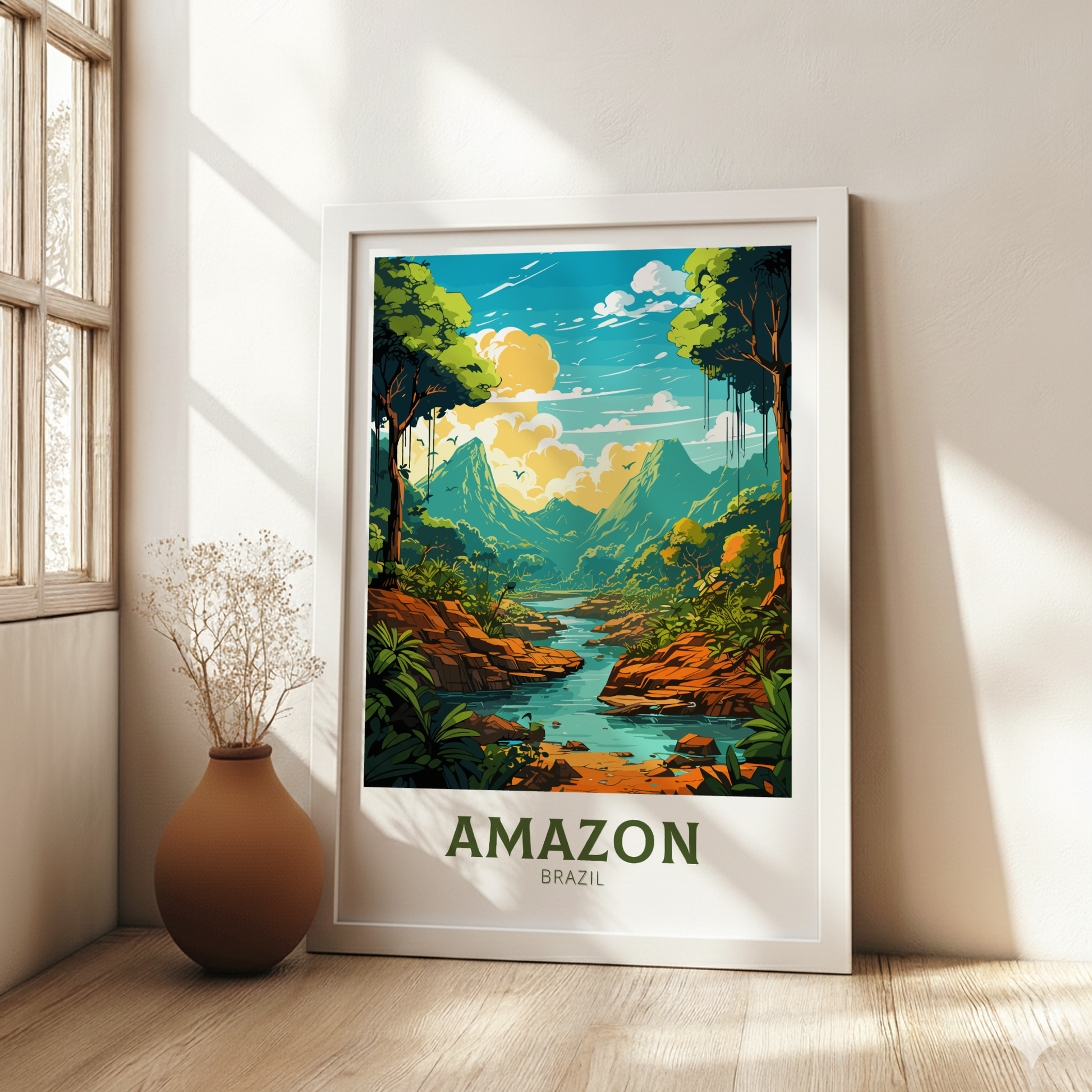 Framed poster of the Amazon rainforest on a wall in a bright room with a vase on the floor.