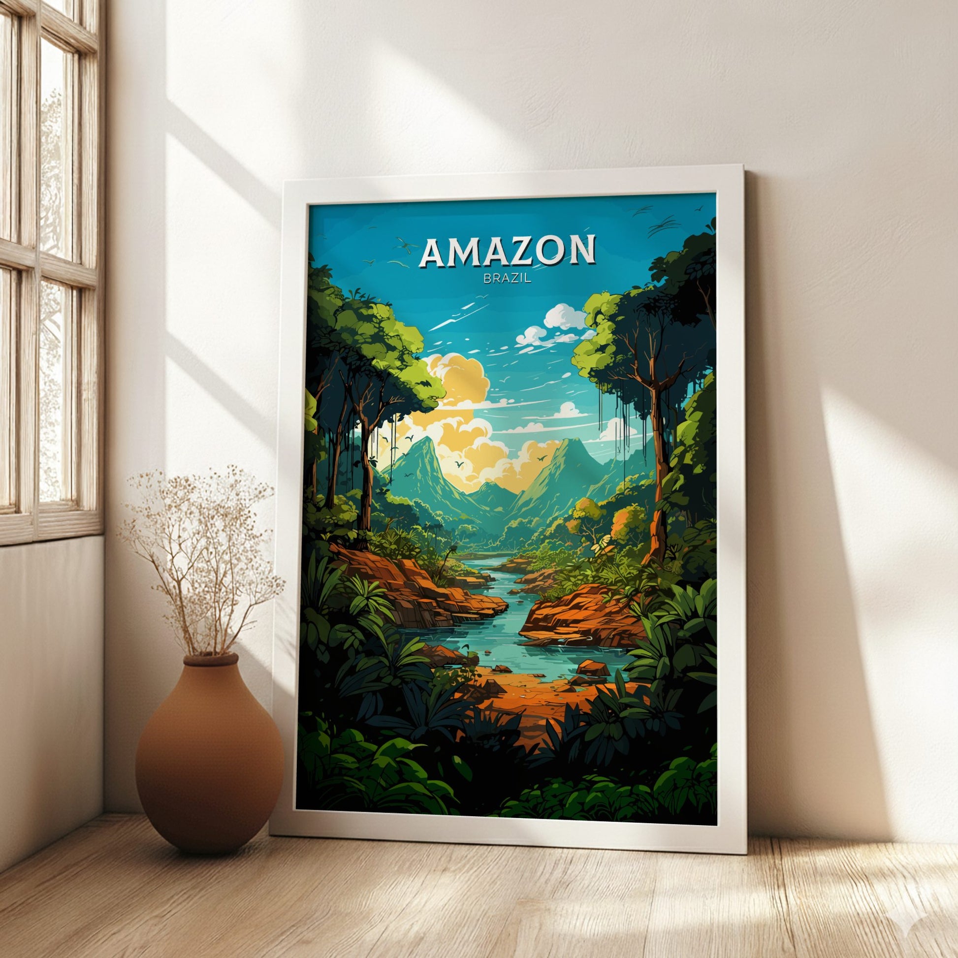 Amazon Brazil Travel Poster on a white wooden frame