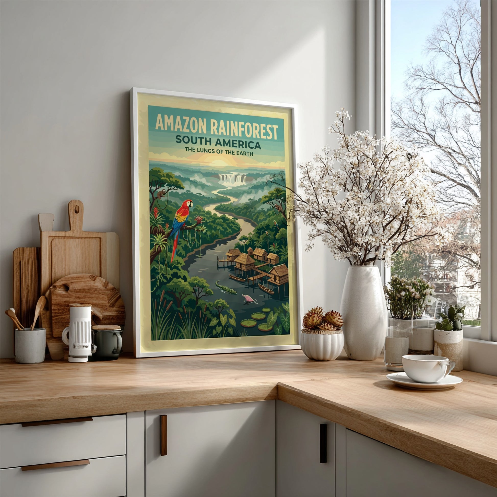 Amazon Rainforest travel poster with a scarlet macaw, stilt houses, and jungle river.