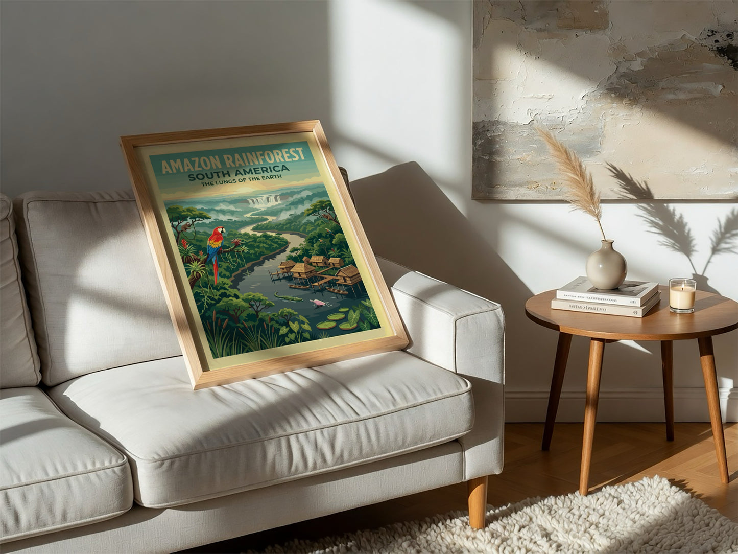 Amazon Rainforest travel poster with a scarlet macaw, stilt houses, and jungle river.