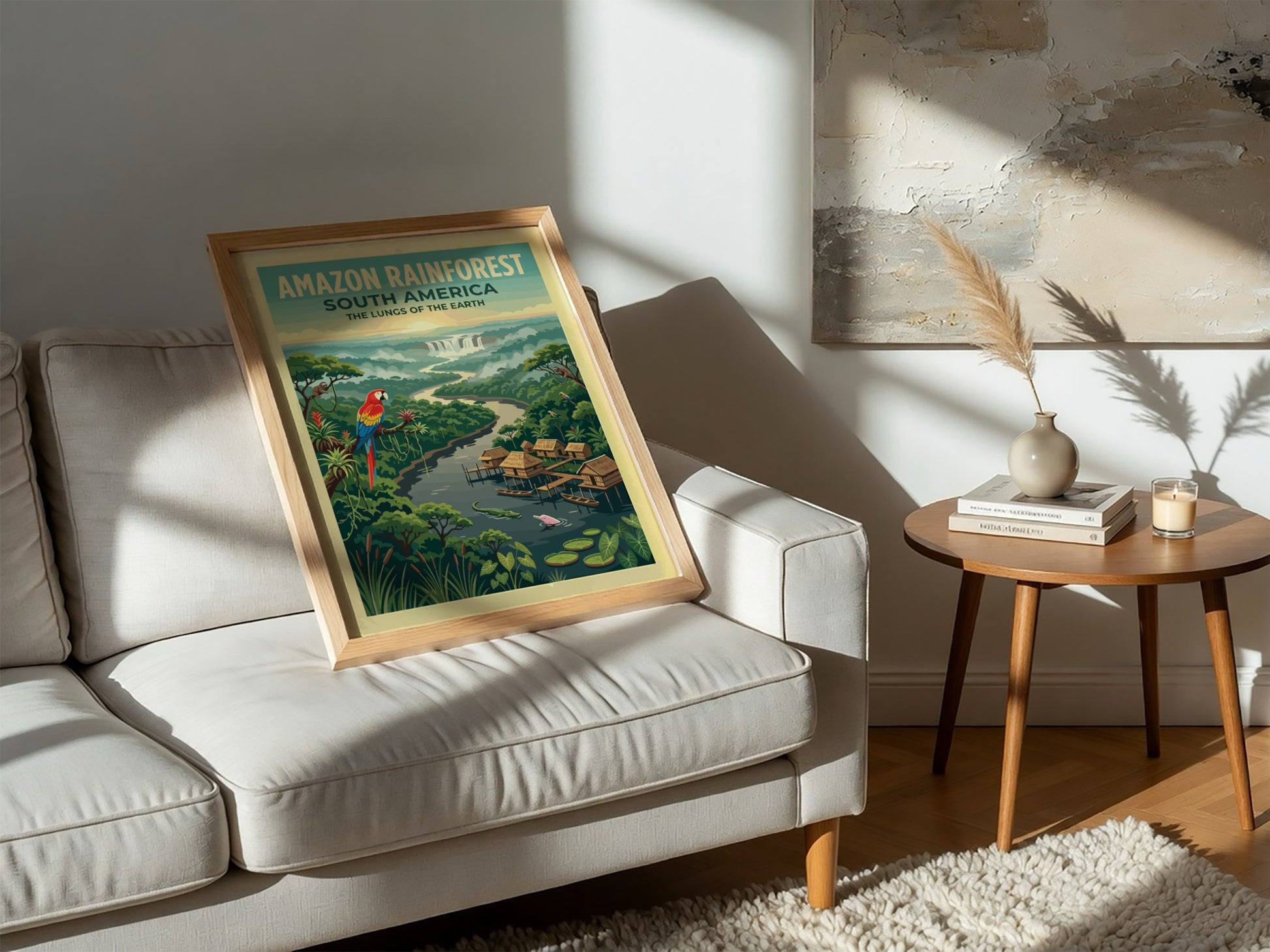 Amazon Rainforest travel poster with a scarlet macaw, stilt houses, and jungle river.