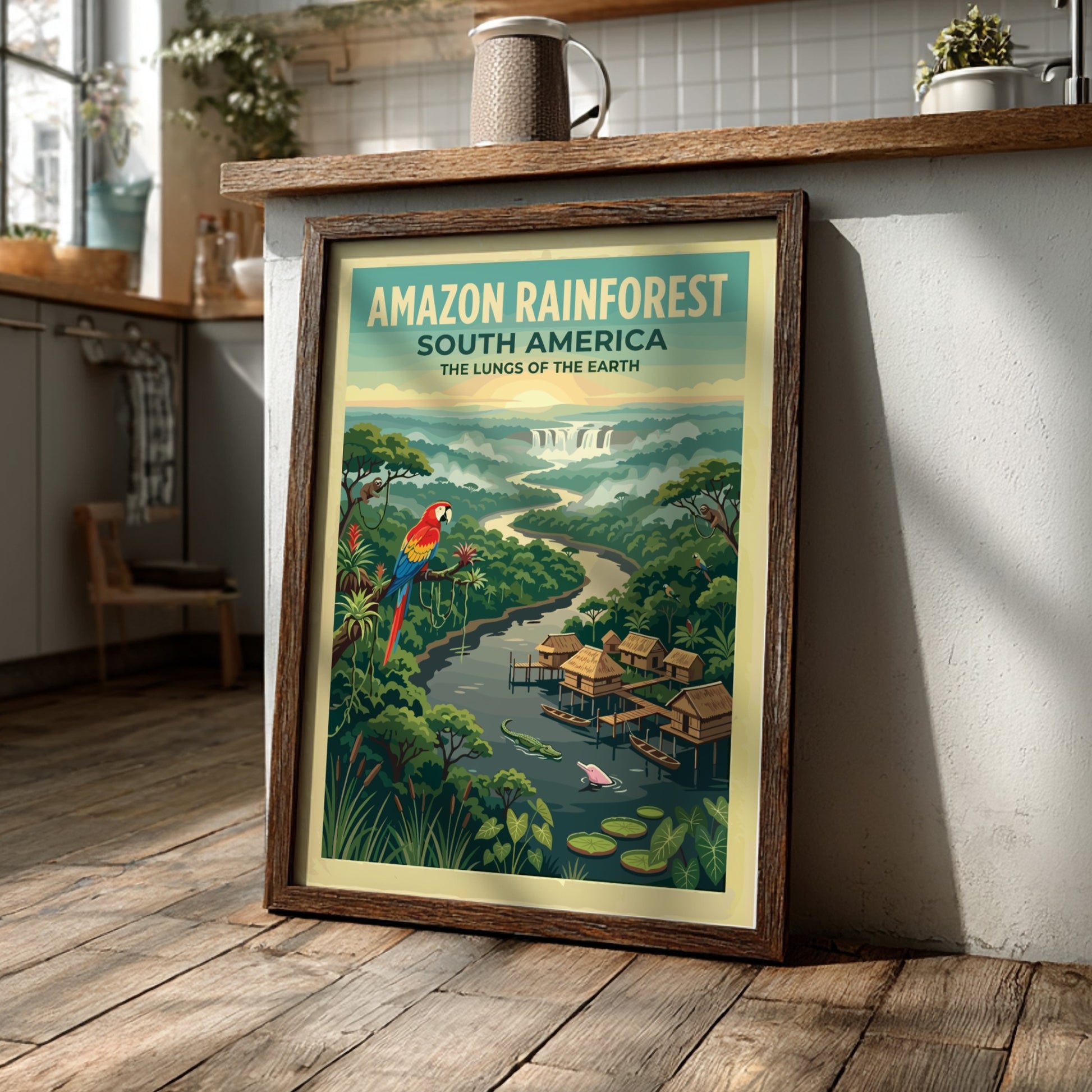 Amazon Rainforest travel poster with a scarlet macaw, stilt houses, and jungle river.