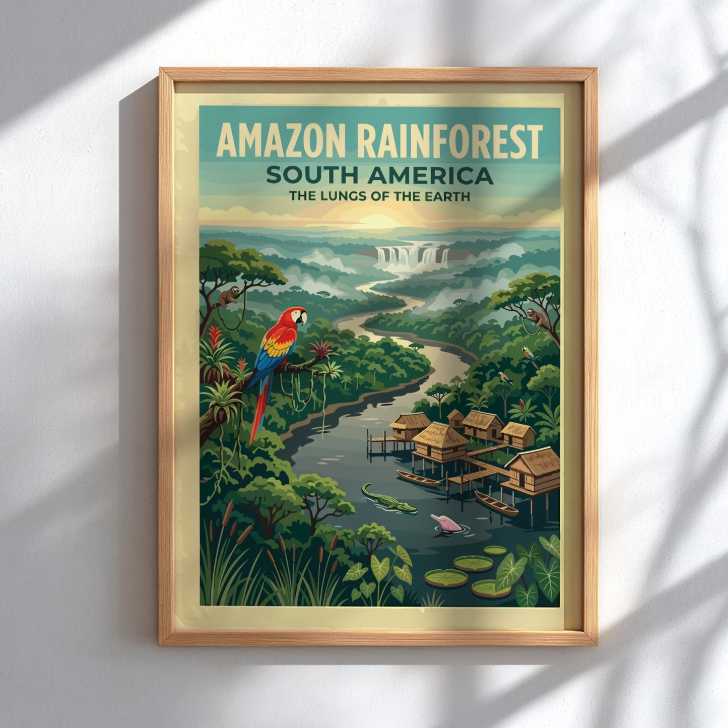 Amazon Rainforest travel poster with a scarlet macaw, stilt houses, and jungle river.