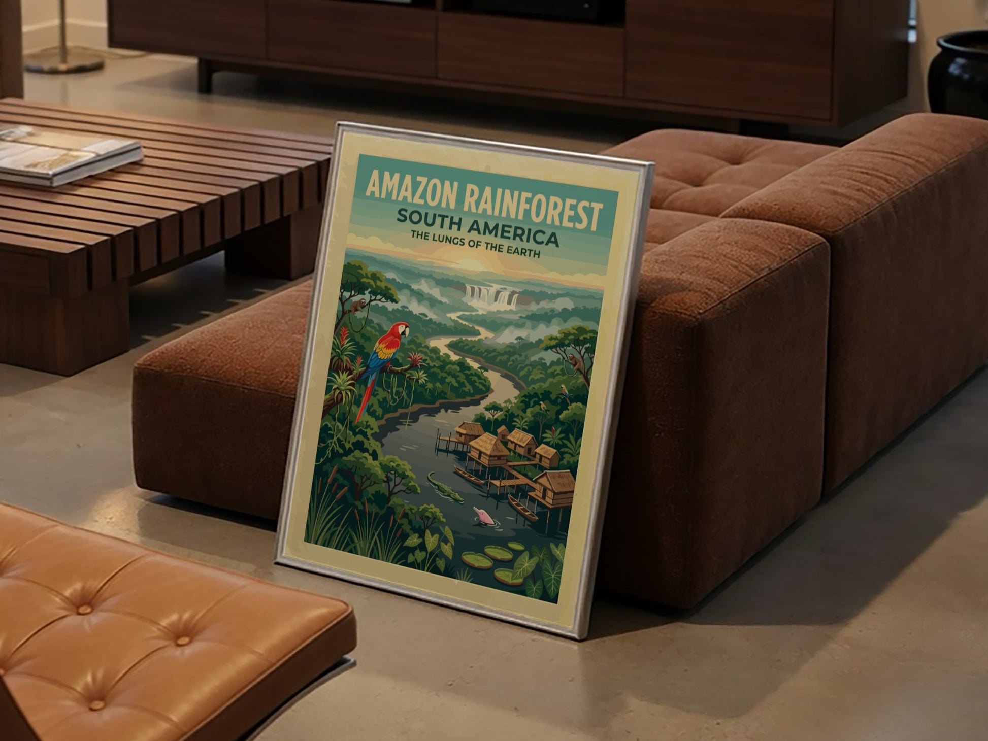 Amazon Rainforest travel poster with a scarlet macaw, stilt houses, and jungle river.
