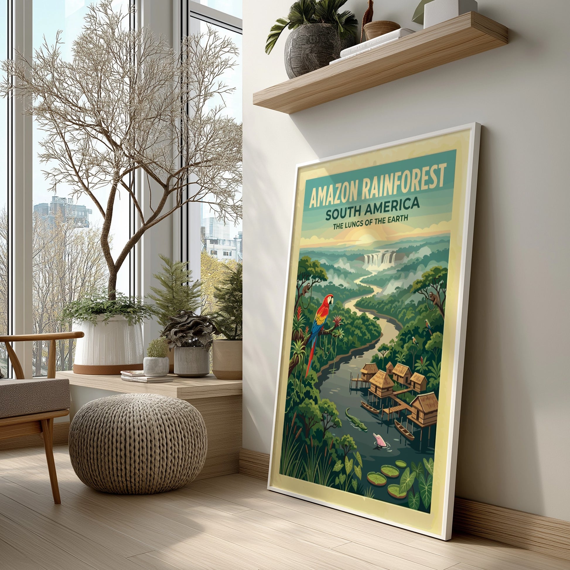Amazon Rainforest travel poster with a scarlet macaw, stilt houses, and jungle river.