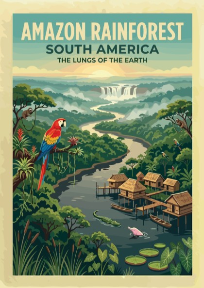Amazon Rainforest travel poster with a scarlet macaw, stilt houses, and jungle river.