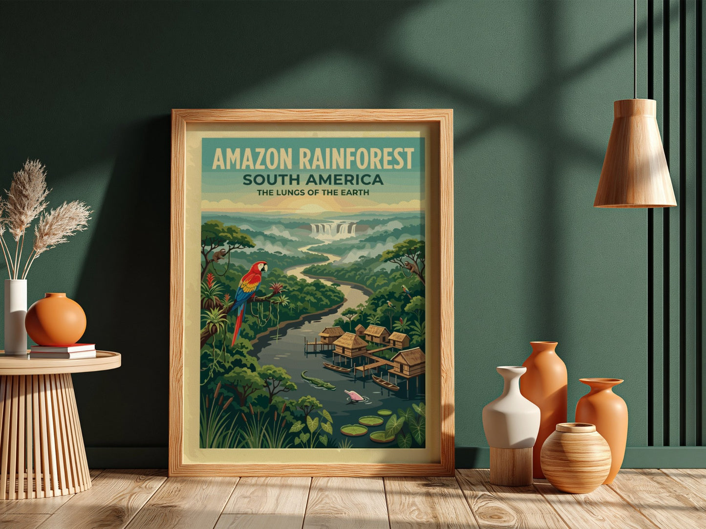 Amazon Rainforest travel poster with a scarlet macaw, stilt houses, and jungle river.