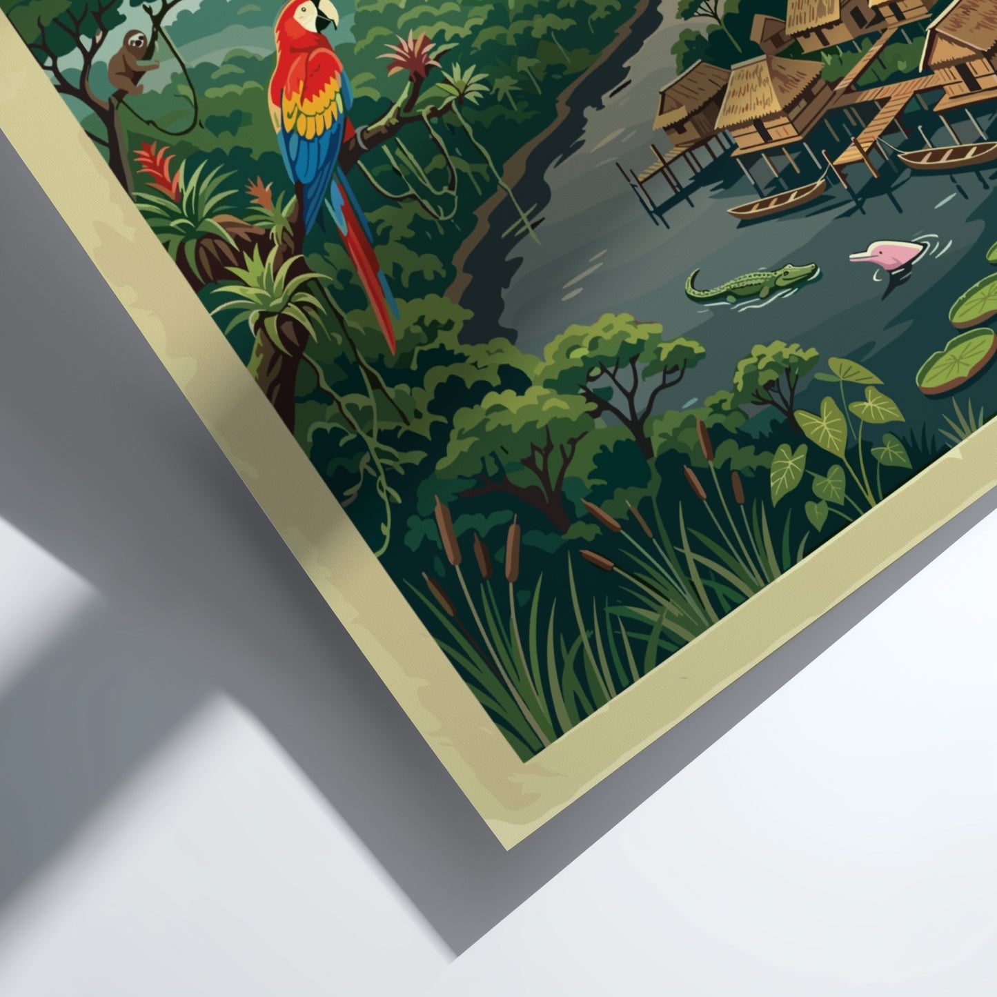 Amazon Rainforest travel poster with a scarlet macaw, stilt houses, and jungle river.