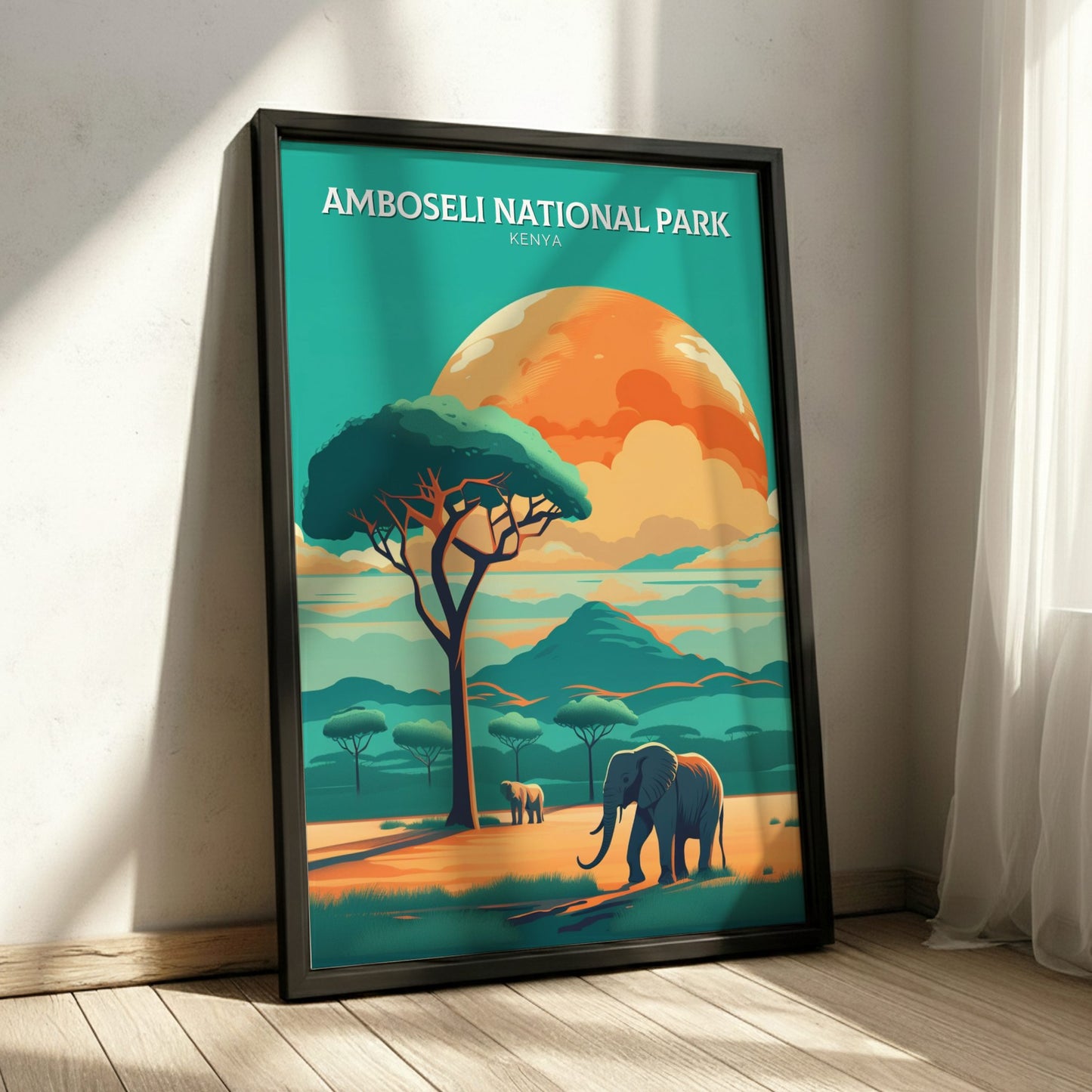 Framed poster of Amboseli National Park with an elephant and sunset scene.