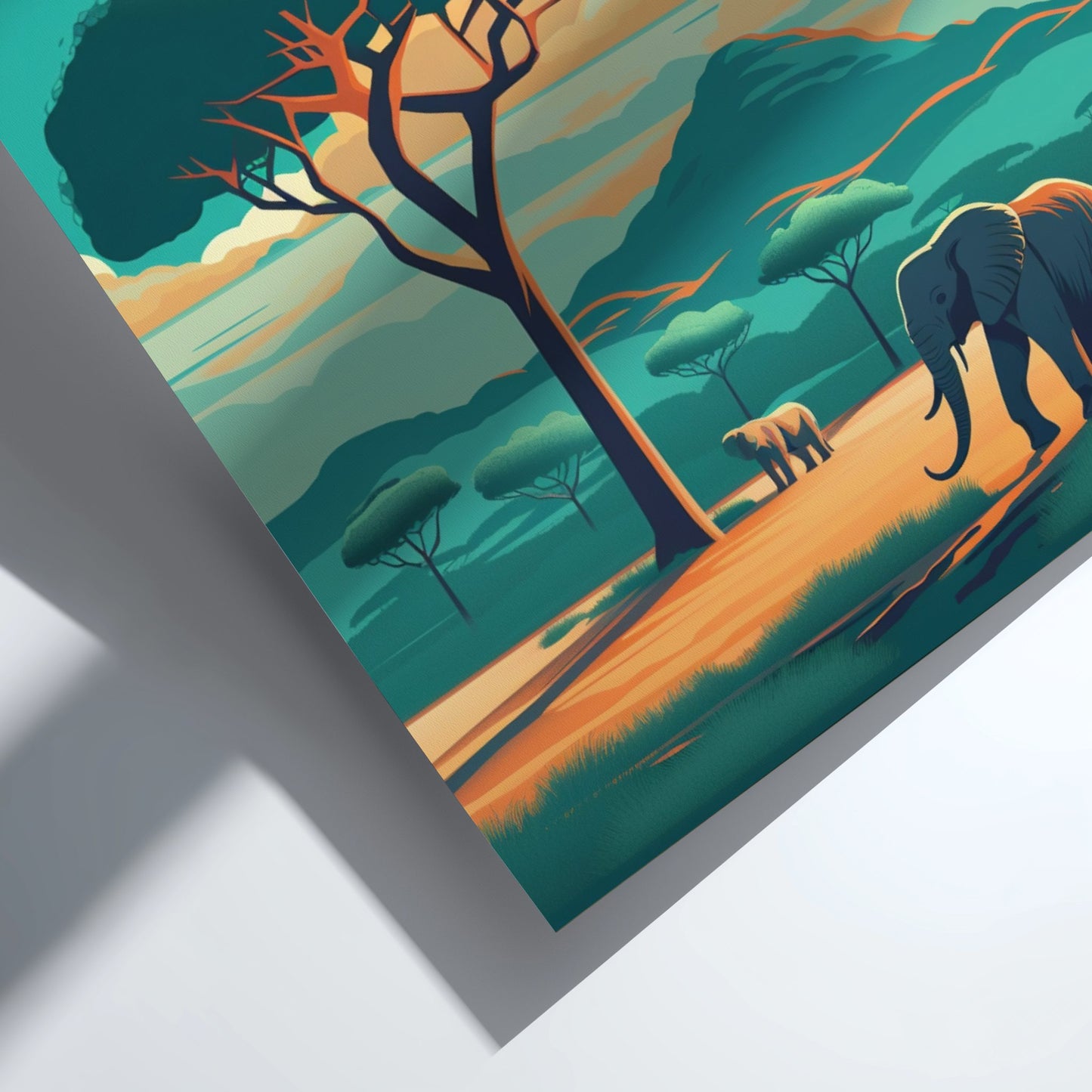 Illustration of elephants walking through a savanna with trees and a sunset.