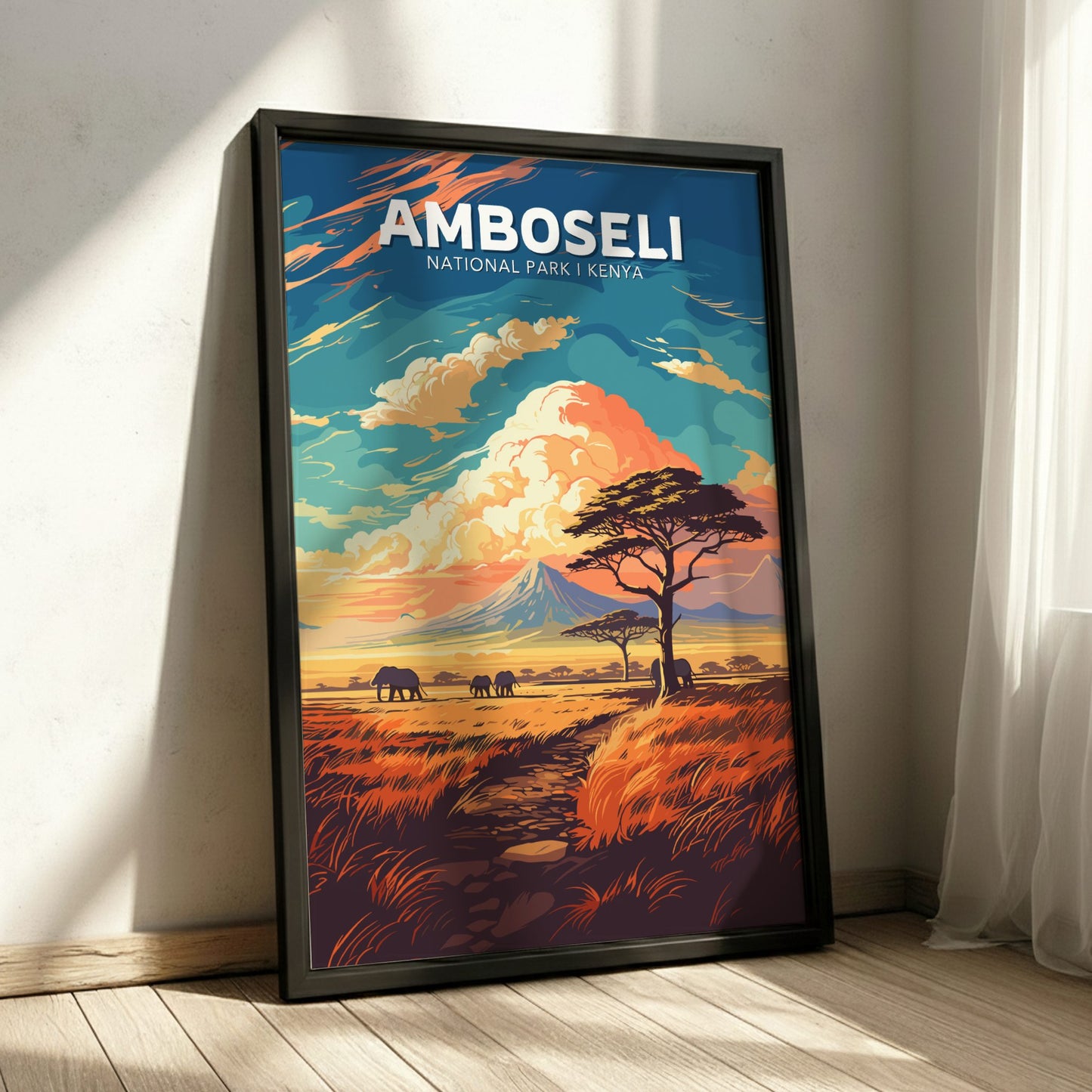 Framed poster of Amboseli National Park, Kenya with a scenic landscape.