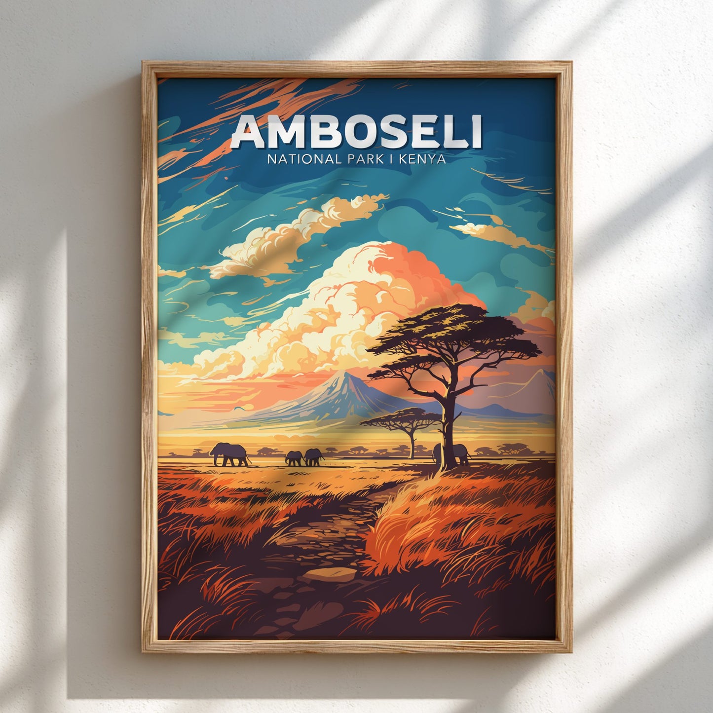 Framed artwork of Amboseli National Park, Kenya with a scenic landscape.
