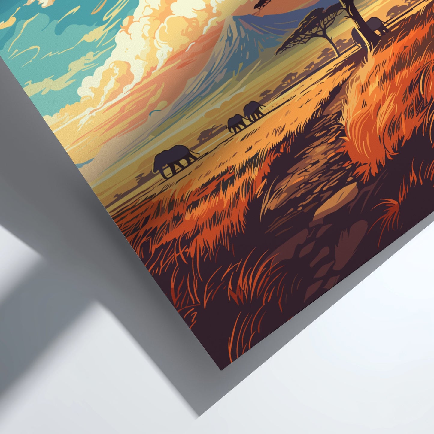 Safari-themed artwork with elephants and a sunset sky on a white background