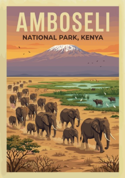 Amboseli National Park poster showcasing elephants and Mount Kilimanjaro in warm tones, perfect for wildlife