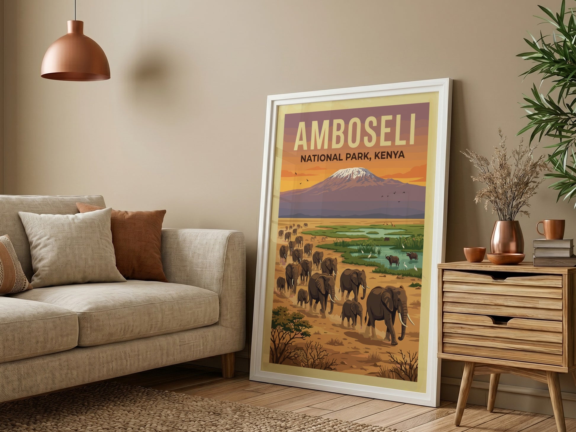 Amboseli National Park poster showcasing elephants and Mount Kilimanjaro in warm tones, perfect for wildlife
