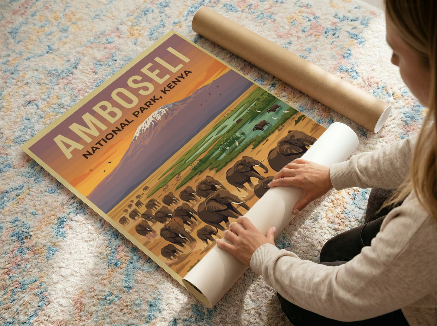 Amboseli National Park poster showcasing elephants and Mount Kilimanjaro in warm tones, perfect for wildlife