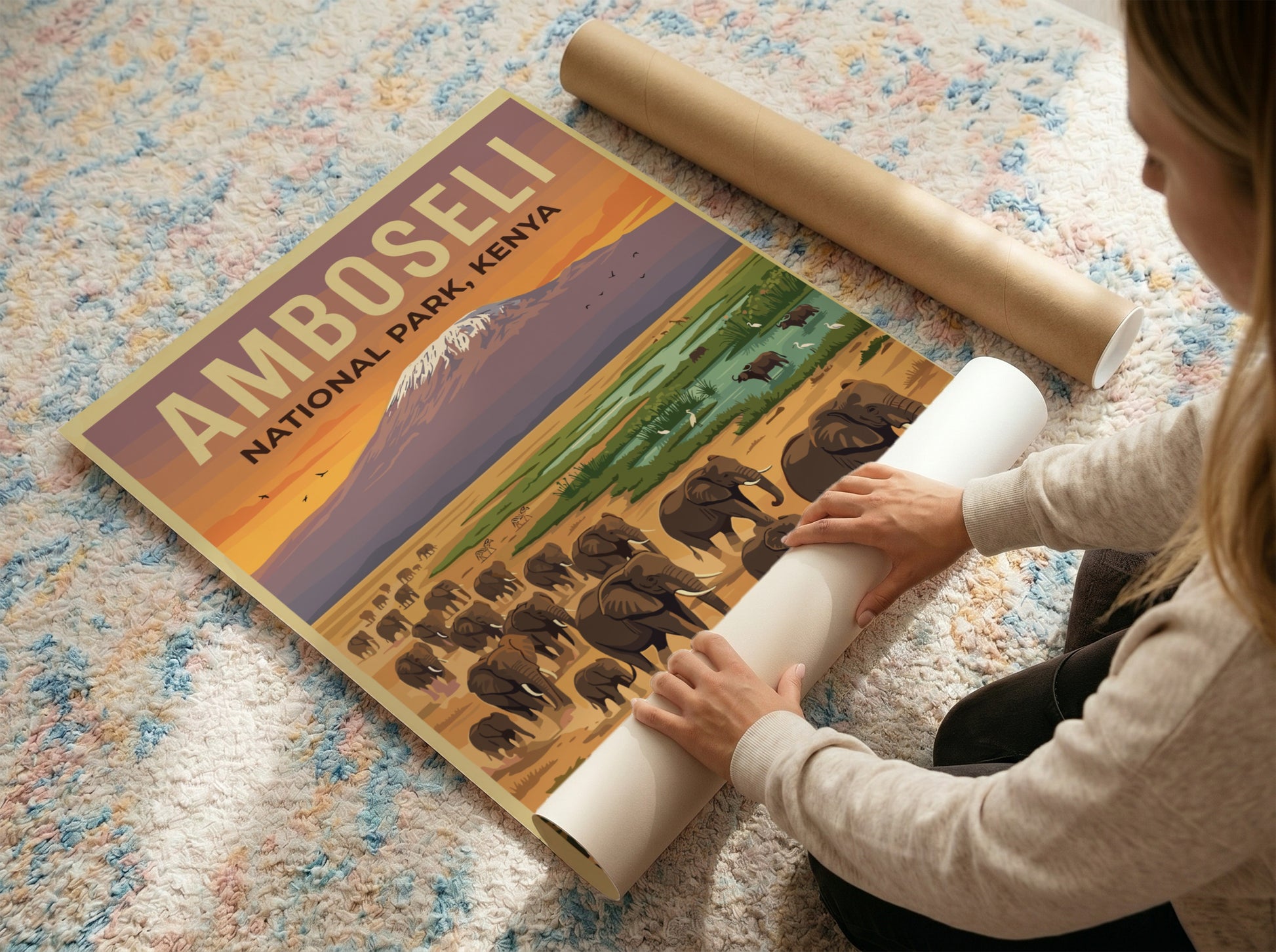 Amboseli National Park poster showcasing elephants and Mount Kilimanjaro in warm tones, perfect for wildlife