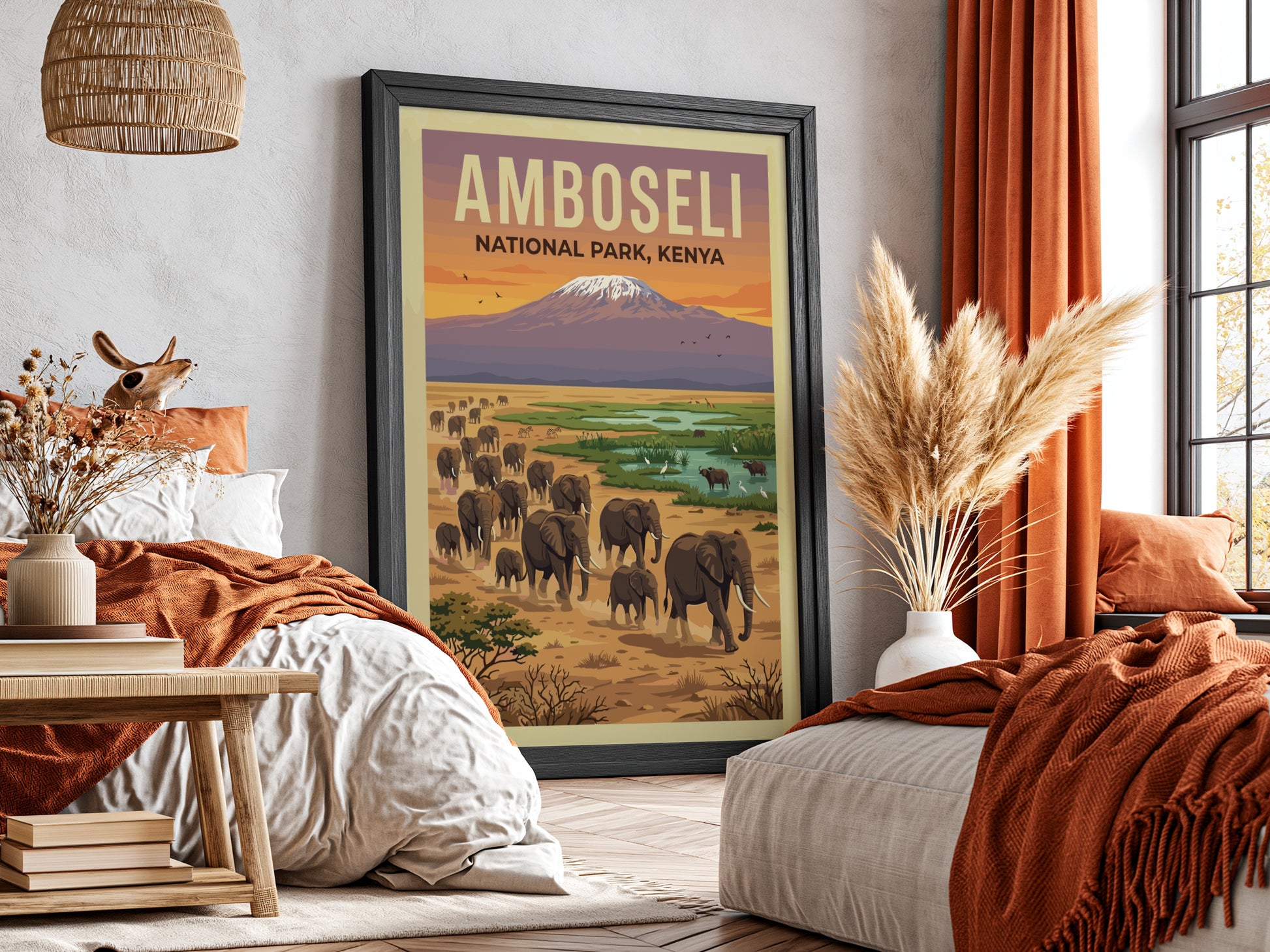 Amboseli National Park poster showcasing elephants and Mount Kilimanjaro in warm tones, perfect for wildlife